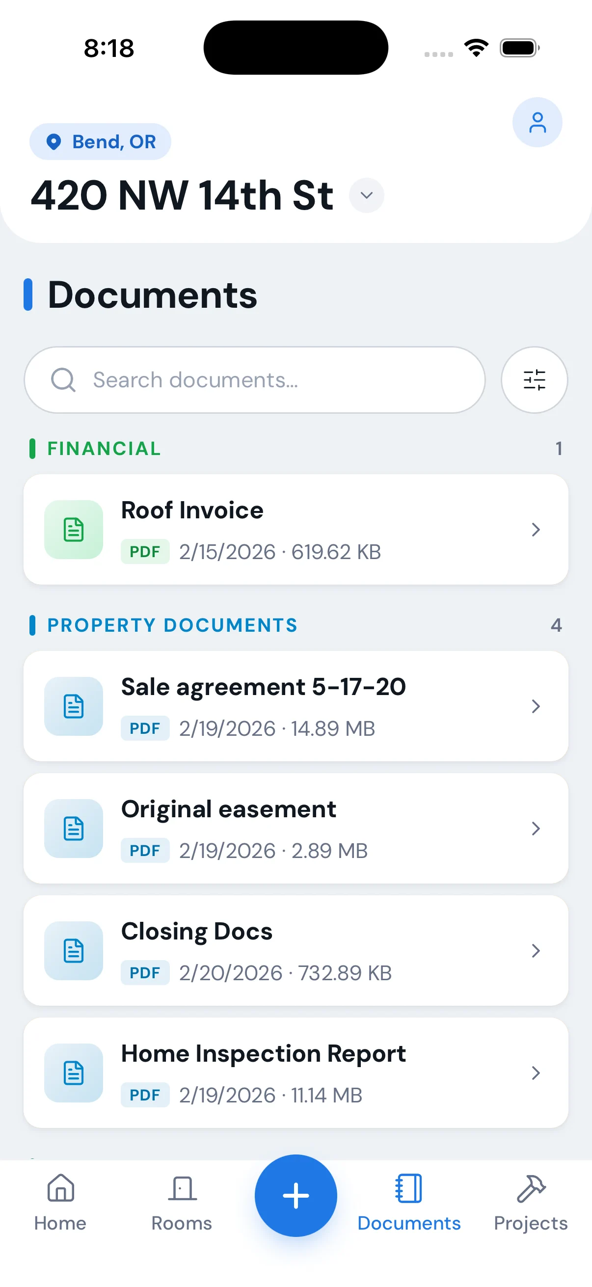 Haven documents list — roof invoice, sale agreement, original easement, closing docs and home inspection report grouped by category