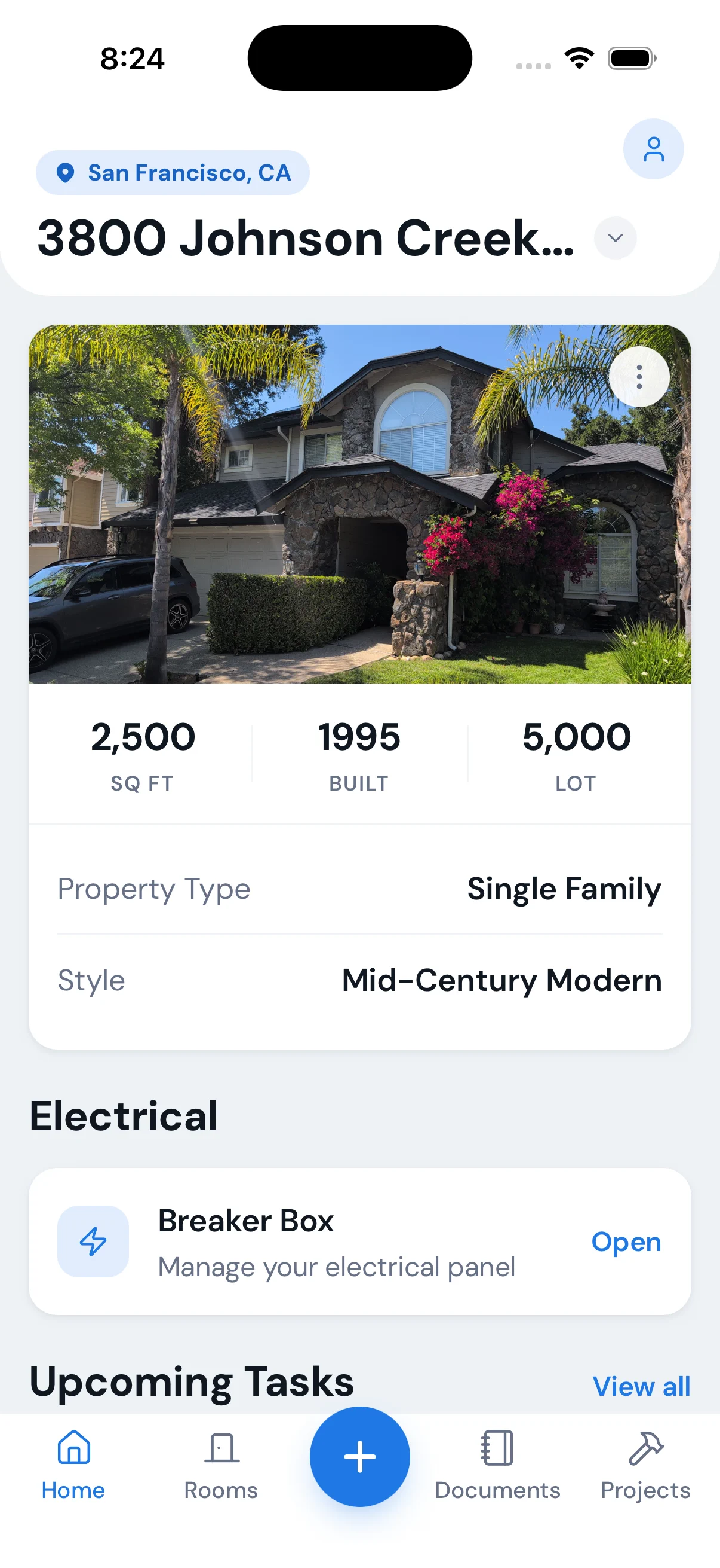 Haven property dashboard (home) — photo, 2,500 sq ft, built 1995, 5,000 lot, single family, mid-century modern