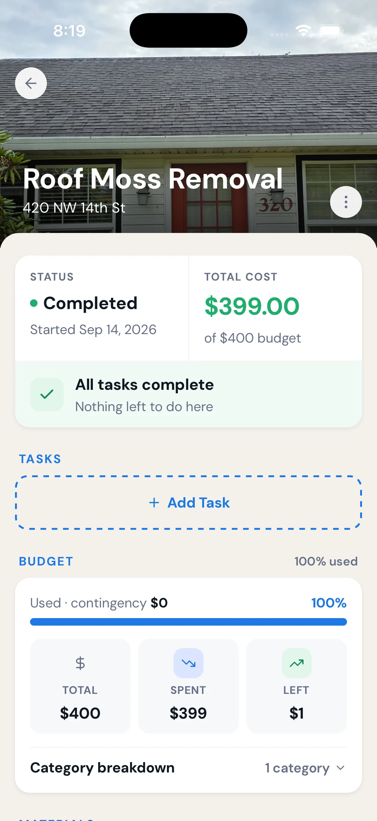 Haven project detail — in-progress status, $1,000 budget and outstanding task checklist