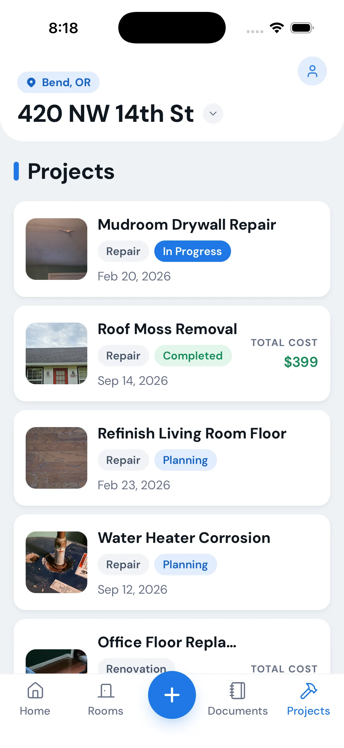 Haven projects list — mudroom drywall repair, roof moss removal and flooring projects with status and total cost