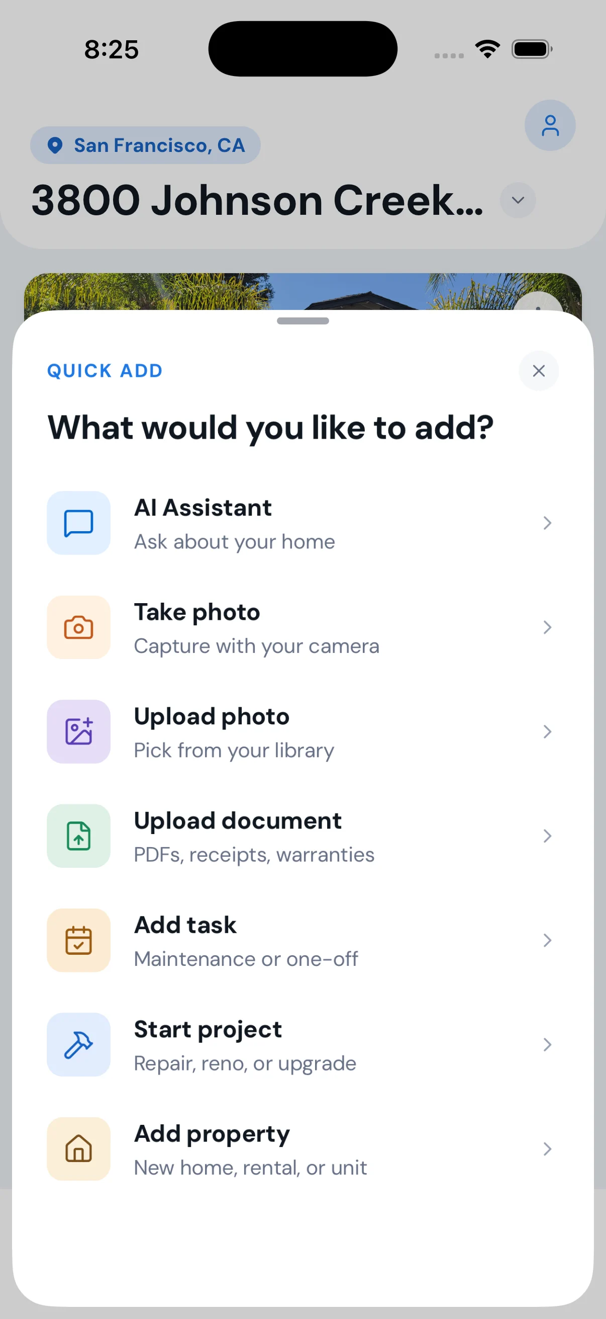 Haven quick-add sheet — AI assistant, take photo, upload photo, upload document, add task, start project, add property