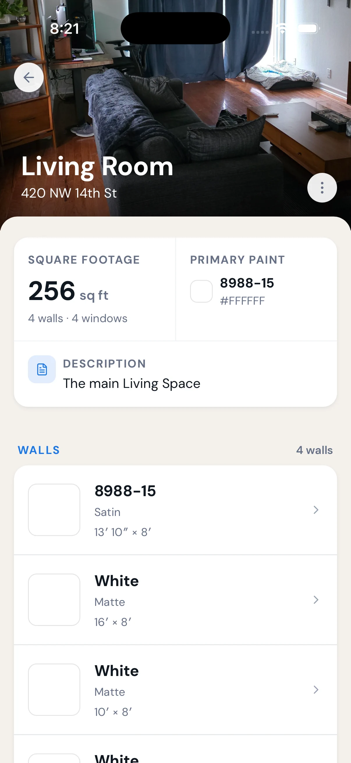 Haven room detail — living room square footage, primary paint colour and measured walls