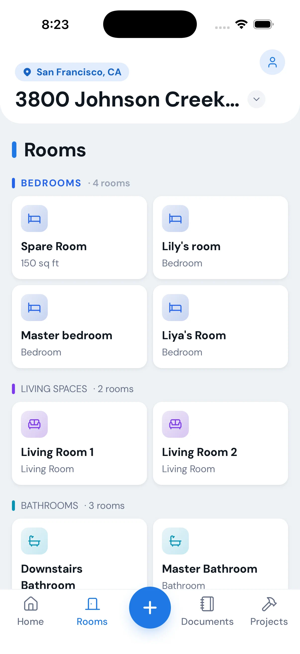 Haven rooms list — bedrooms, living spaces and bathrooms grouped with room counts