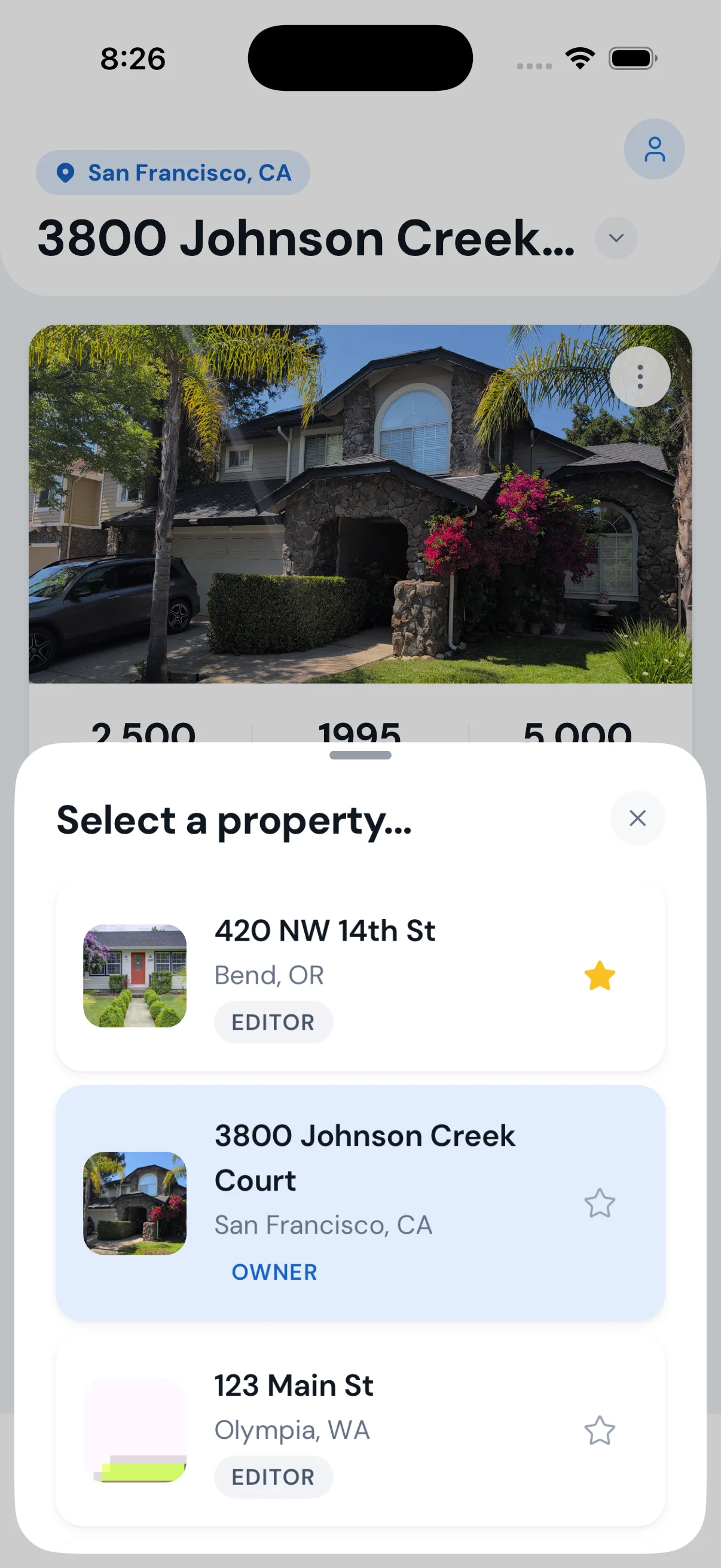 Haven property switcher — 420 NW 14th St (editor), 3800 Johnson Creek Court (owner), 123 Main St