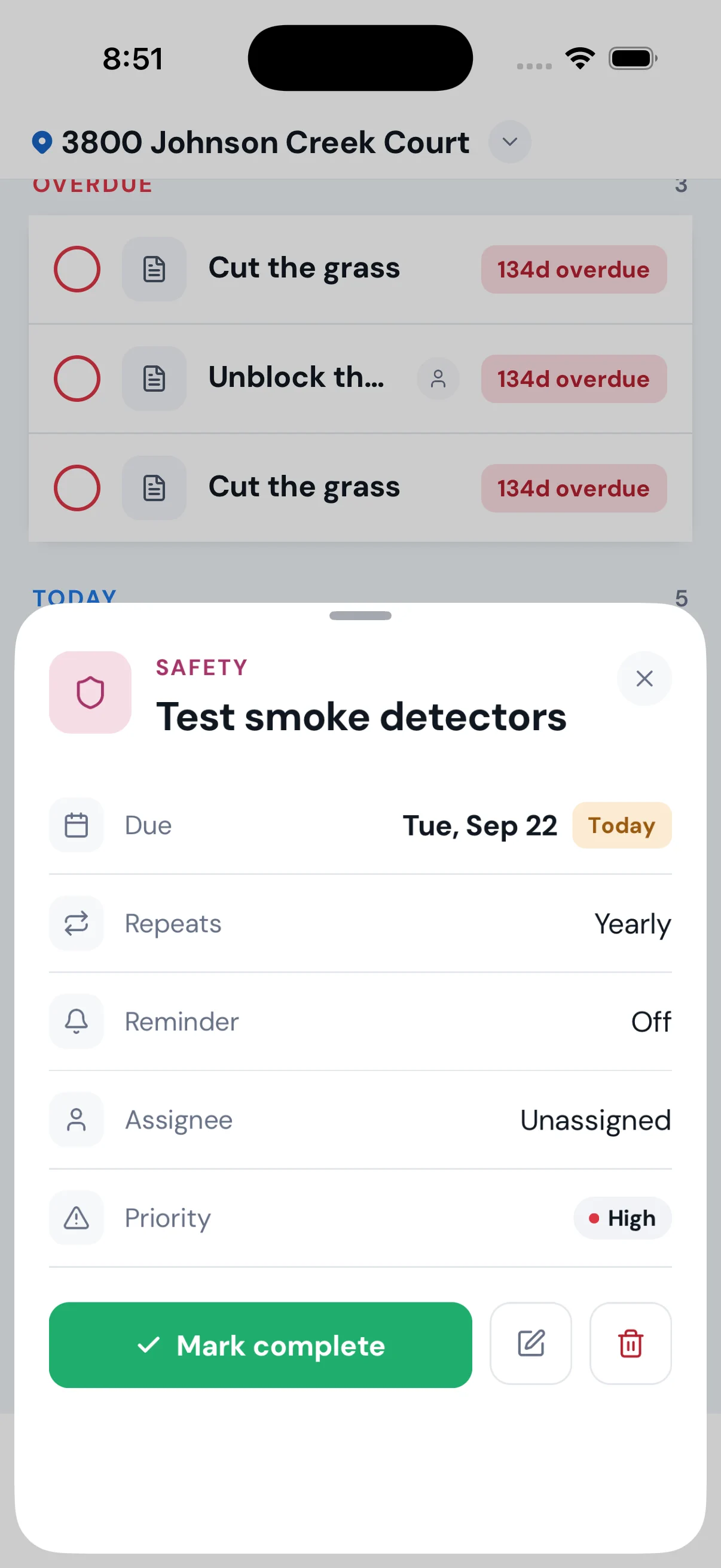 Haven task detail — safety task with due date, yearly repeat, reminder, assignee and high priority
