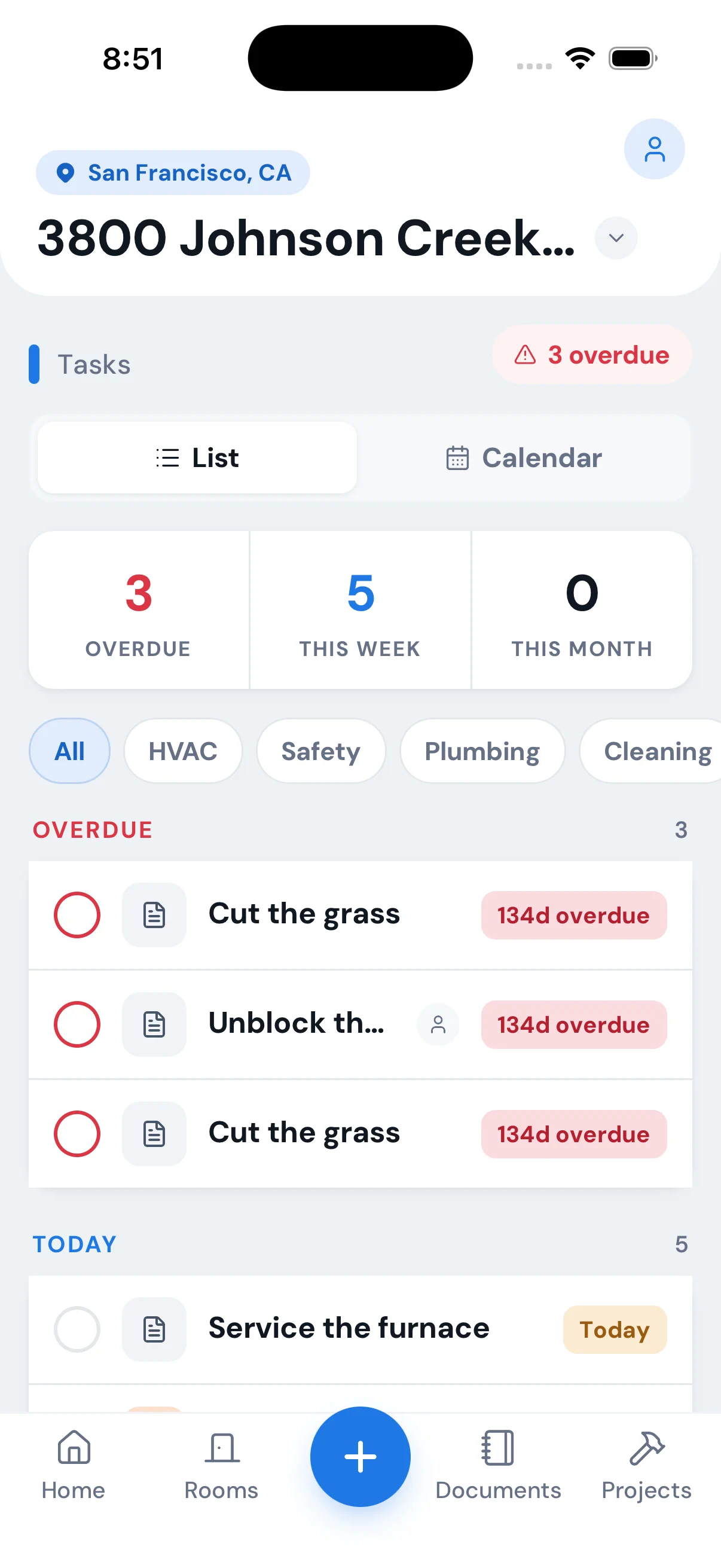 Haven tasks list — overdue and today counts, category filters and tasks grouped by due date